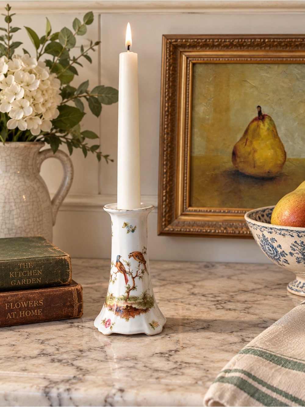 Vintage Union K Porcelain Bird Floral Candlestick Holder Gold Trim 5”